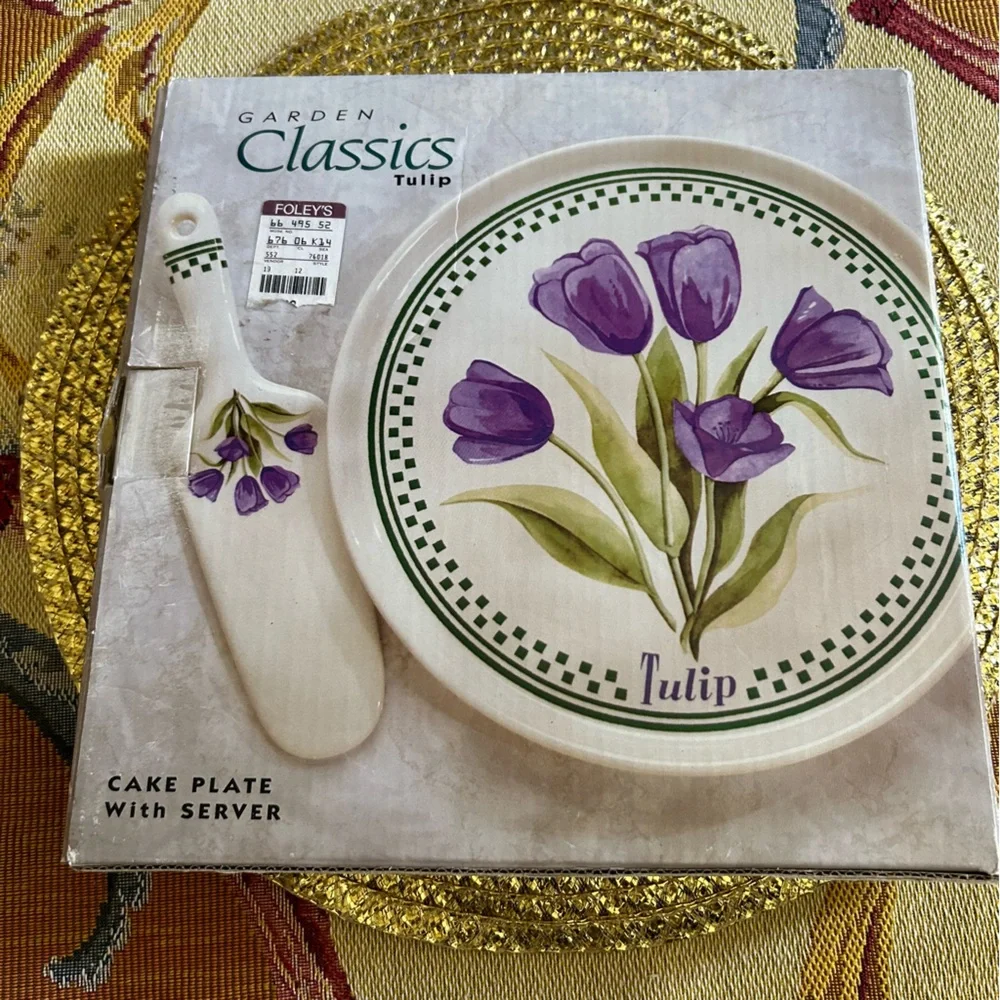 Vintage Garden Classics Purple Floral Tulips Stoneware Cake Plate Server Box SET